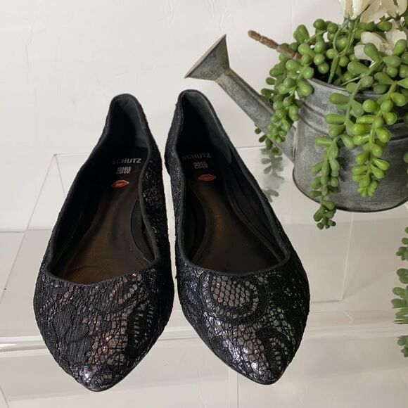 SCHUTZ Metallic Lace Ballerina Flats Black Size 7 - Picture 2 of 9